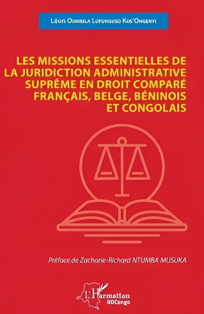 Rood boek over les missions essentielles van de juridiction administrative met witte lijntekening van weegschaal op open boek