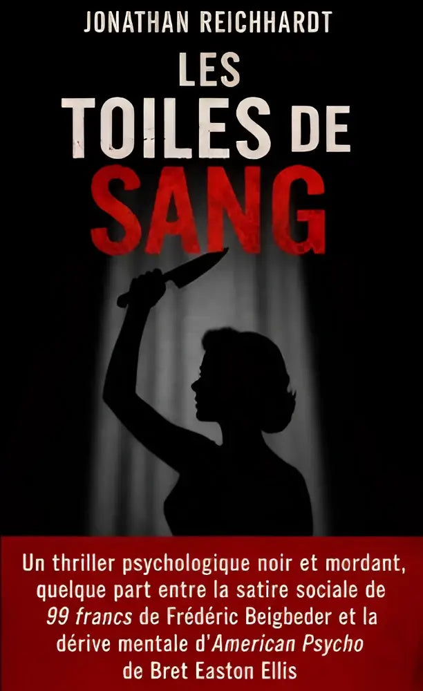 De boekcover van les toiles de sang toont opvallende witte en rode tekst op een donkere achtergrond