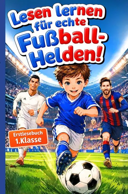 Blauw-wit kinderboek lesen lernen mit fußball-helden met cartoon jongen in blauw shirt en ronaldo en messi op achtergrond