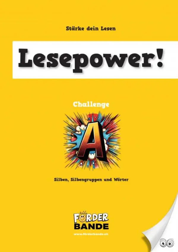 Helder geel boek met een gedurfde stripstijl a en rode en blauwe accenten in lesepower challenge a silbengruppen und wörter