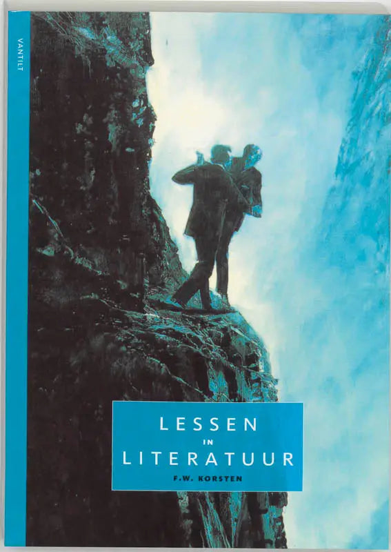 Blauw hardcoverboek lessen in literatuur met dramatische kliffoto en witte tekst binnen literatuurwetenschap van uitgeverij vantilt