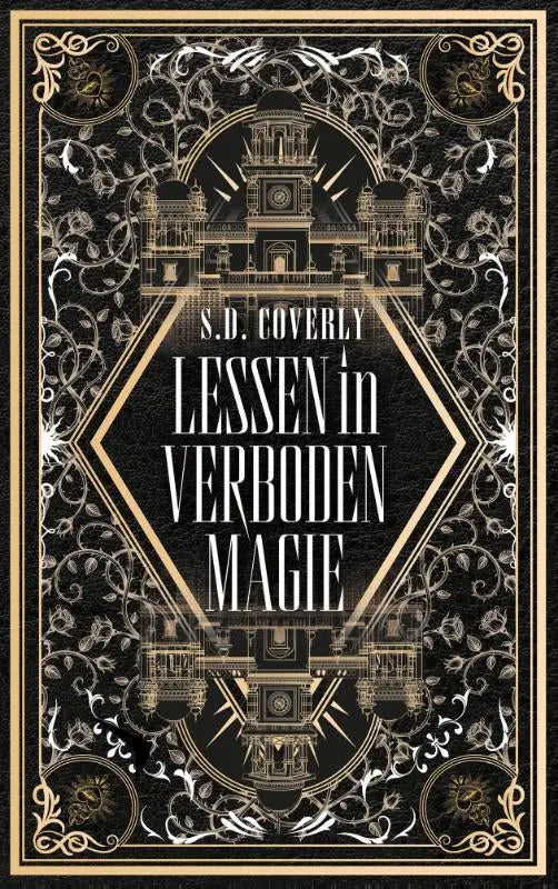Zwart boek met vergulde ornamenten en kloktorenillustratie voor lessen in verboden magie mint books editie