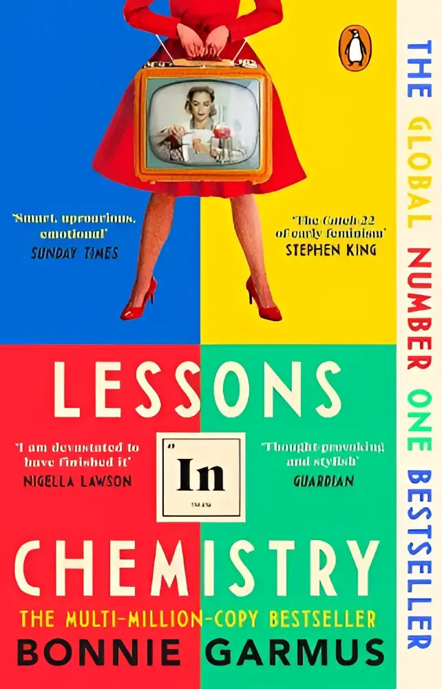 Boekomslag van lessons in chemistry door bonnie garmus met felgekleurde vierkwadrant ontwerp en vetgedrukte tekst