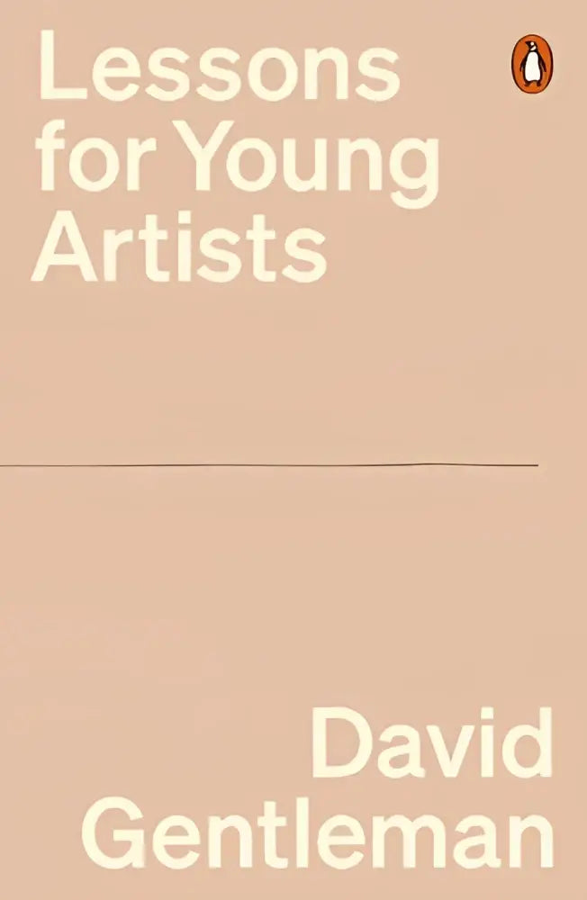 Beige hardcoverboek lessons for young met minimalistische witte tekst en oranje pinguïnlogo voor jonge artiesten