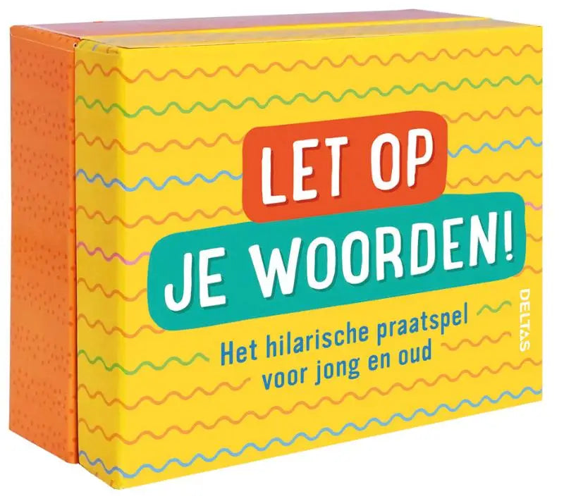 Vibrante gele en oranje doos met het hilarische praatspel let op je woorden van deltas met kleurrijke golvende patronen