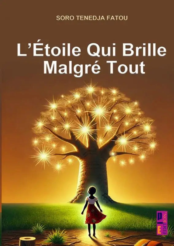 De boekcover van l’étoile qui brille toont een gloeiende boom met gouden lichtjes tegen een oranje hemel