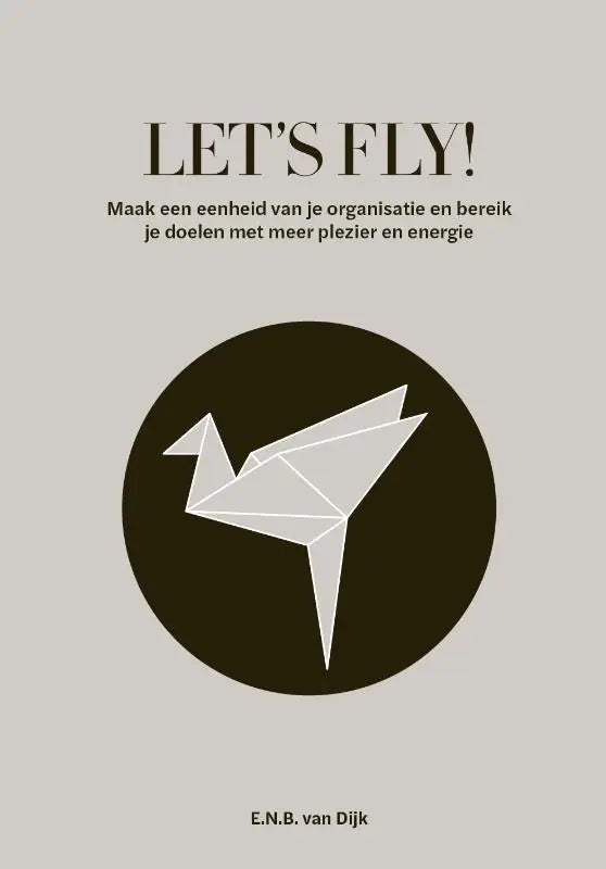 Een minimalistische witte origami kraanvogel illustratie op een donkere cirkel achtergrond in let’s fly product