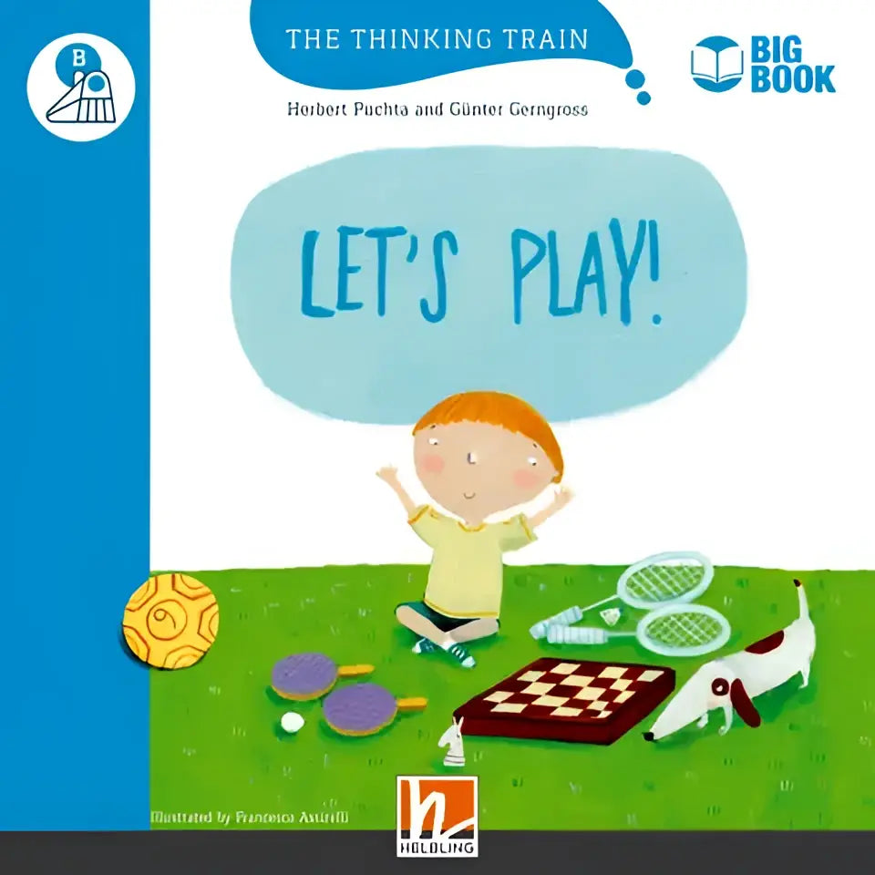 Grote boek Thinking Train Lets Play met vrolijk kind en sportspullen op gras