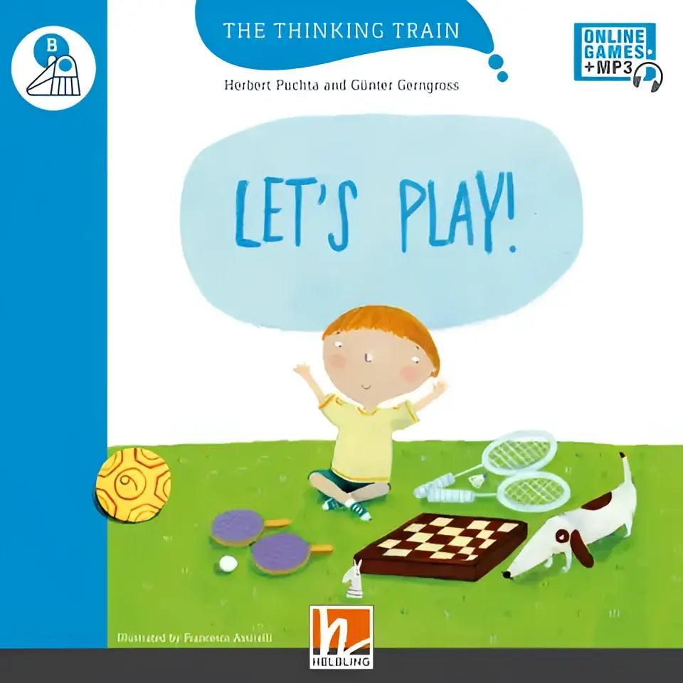 Omslag van kinderboek The Thinking Train Lets Play met blije jongen op gras met sportspullen
