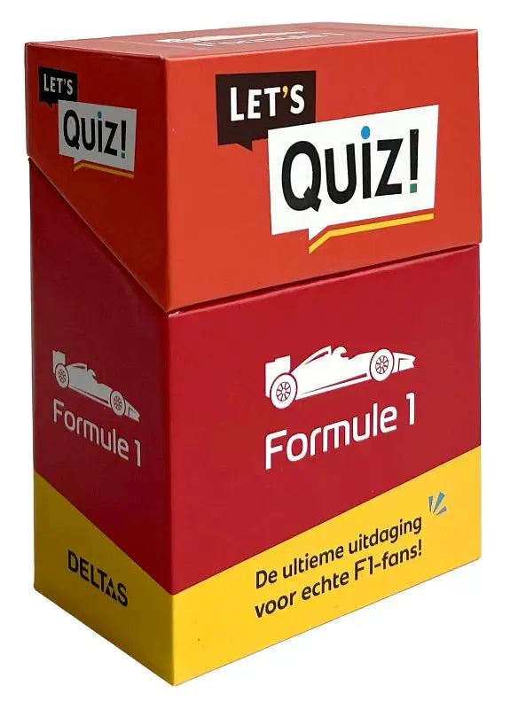 Rood en geel kartonnen doos voor het let s quiz formule 1 kaartspel de ultieme uitdaging voor echt f1-fans