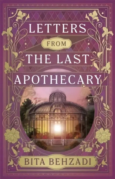 Paarse handboek met gouden letters en ornamentale bloemen en een glazen koepel, letters from the last apothecary boek