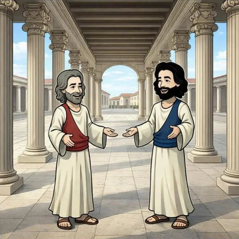 Twee geïllustreerde figuren in witte gewaden met rode en blauwe stola’s onder klassieke zuilen voor leuk latijn leren