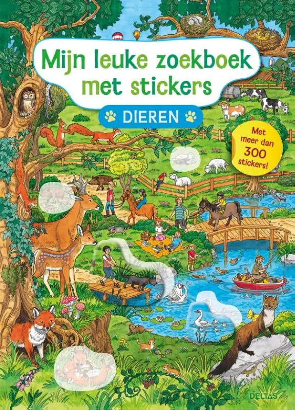 Kleurig nederlandstalig paperback leuke zoekboek met stickers dieren voor jonge lezers met bos en vijver scènes