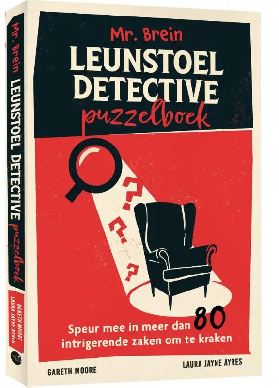 Leunstoel detective puzzelboek van mr brein toont de voorzijde met kleurrijke illustraties en raadsels
