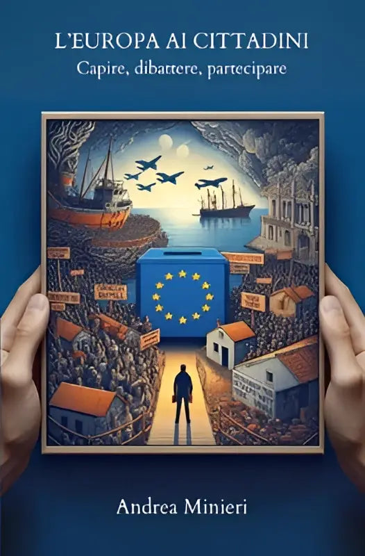 Blauwe europese unie doos met gouden sterren gehouden door twee handen voor l’europa ai cittadini over internationaal recht