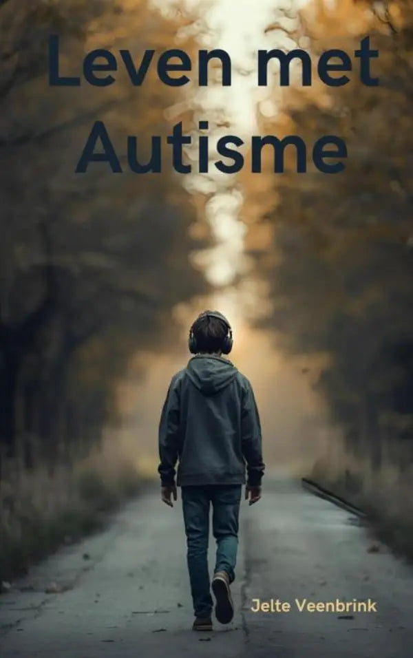 Een kind in een donkergrijze capuchonjas en blauwe spijkerbroek loopt weg op een pad in leven met autisme voor jonge lezers