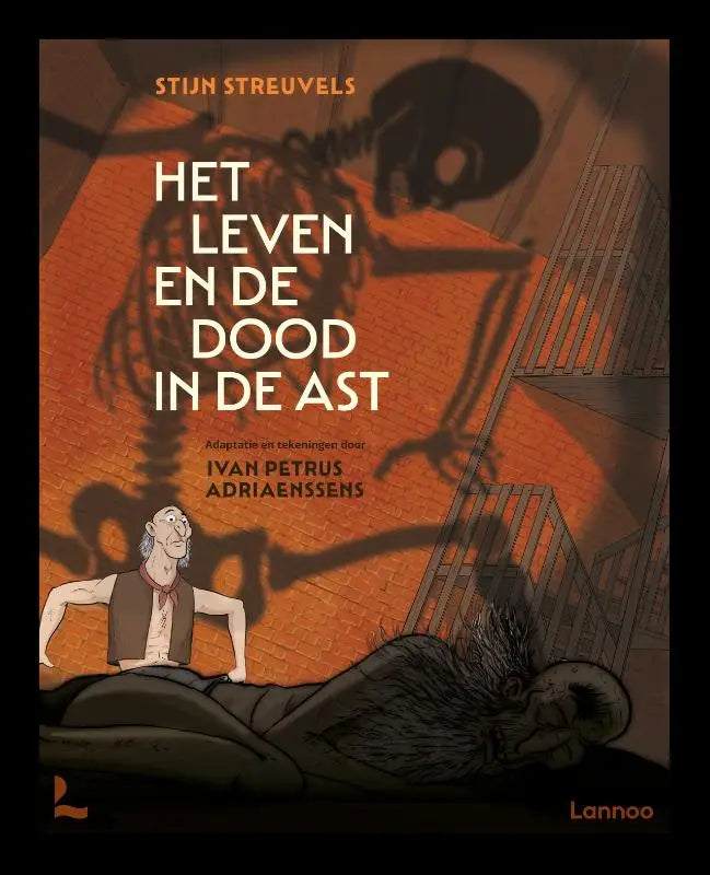Cover of the graphic novel het leven en de dood in de ast by stijn streuvels showing a cartoon man with white hair on an orange brick floor