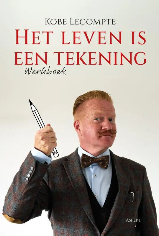 Een man in een donker tweed pak en vlinderdas houdt een gestileerde potlood vast bij het werkboek Het leven is een tekening