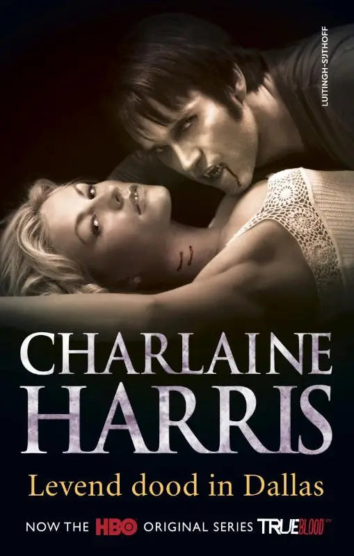 De cover van het levend dood in dallas boek toont een donkere illustratie met twee personages, geïnspireerd door true blood
