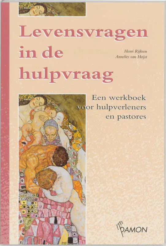 Beige boekcover levensvragen in de hulpvraag met roze tekst en kleurrijke omhelzing illustratie door damon educatie