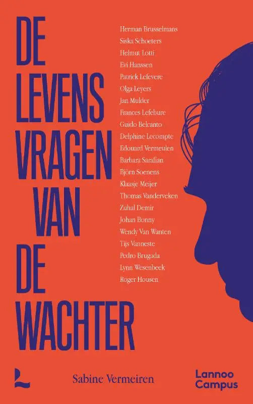 Vibrant oranje boekcover van levensvragen van de wachter met gedurfde blauwe tekst en gestileerd vrouwenprofiel