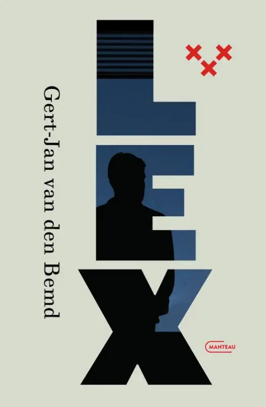 The lex book cover features bold navy blue and black geometric lettering with a man’s profile silhouette integrated in the design