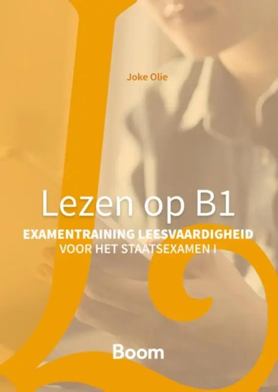 Gele boekomslag met vet oranje typografie en een wazige persoon op de achtergrond voor examentraining leesvaardigheid herziene editie staatsexamen nt2