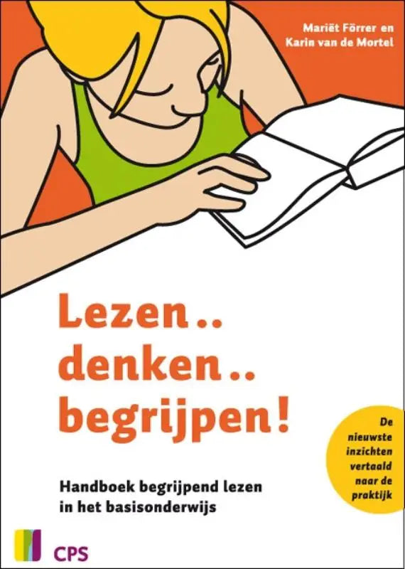 De boekcover toont een cartoon van een blonde vrouw in een groen tanktop die leest bij het product lezen denken begrijpen van mariet forrer en edg thuiswinkel onderwijs algemeen