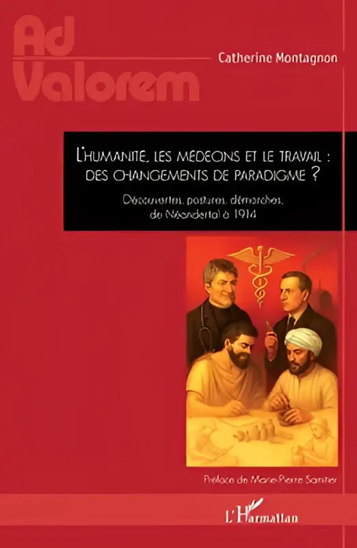 Rode boekcover met historische illustratie van vier mannen in medische kleding over des changements en les médecins