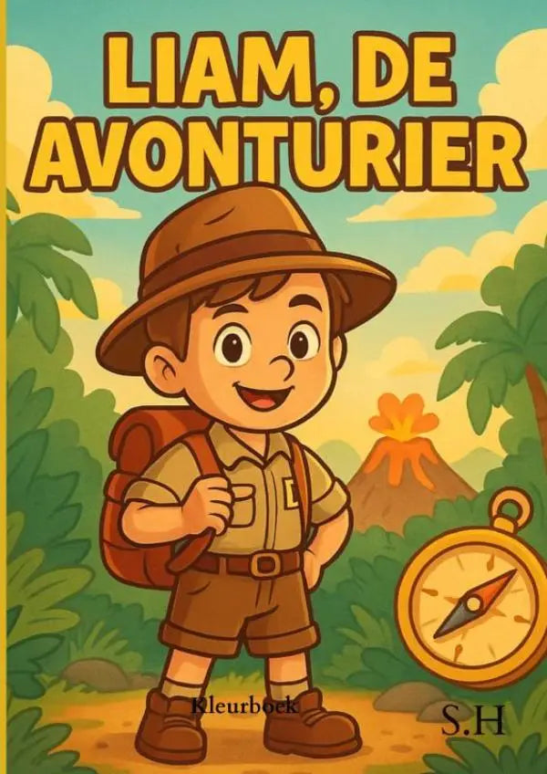 De cover van het kleurboek liam de avonturier toont een jonge lezers cartoon jongen in khaki explorer kleding