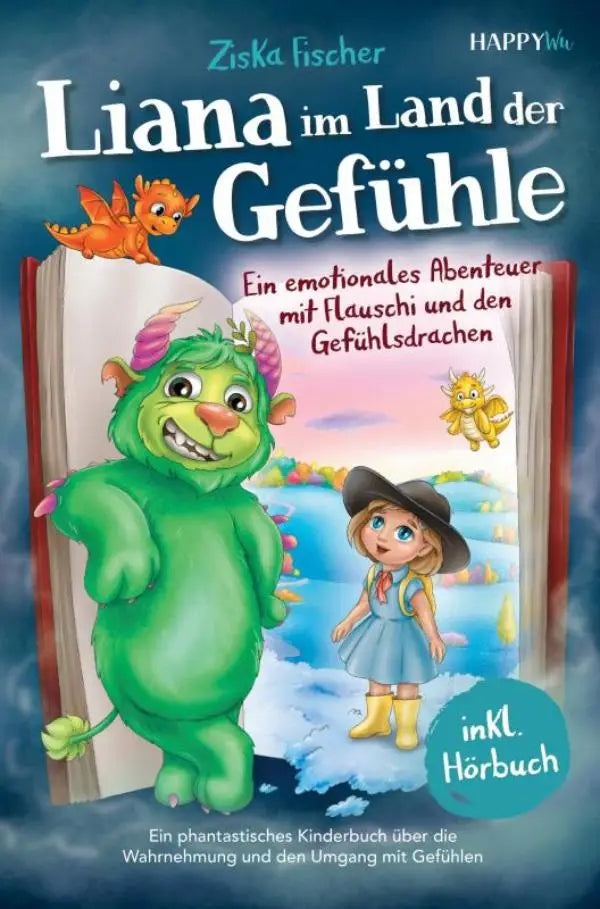 Green furry monster with purple horns and leafy hair beside girl in blue dress on cover of liana im land ein emotionales abenteuer childrens book
