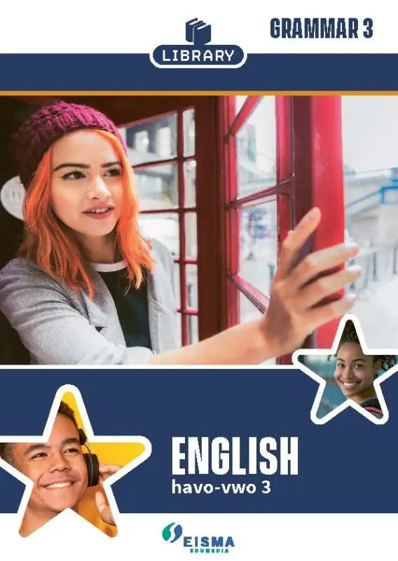 De cover van het havo-vwo 3 engels grammar 3 tekstboek library english toont een jonge vrouw met oranje haar en paarse muts naast een rode telefooncel