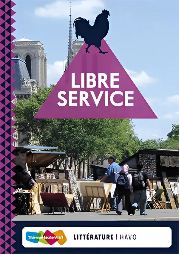 Paarse driehoekige libre service bord met zwarte hanensilhouet en witte tekst voor zelfbediening