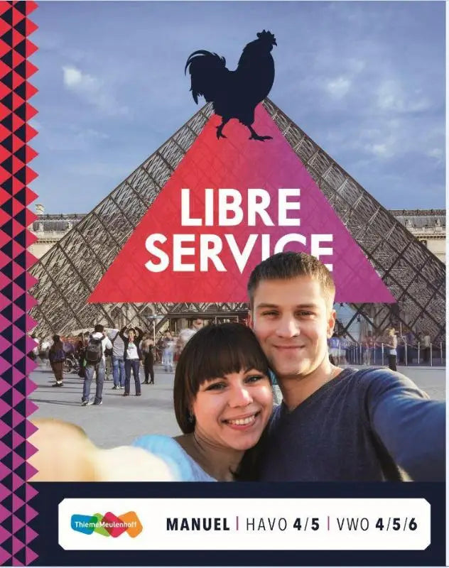 A zwarte silhouet van een haan op de louvre piramide voor het leerboek libre service tweede fase frans