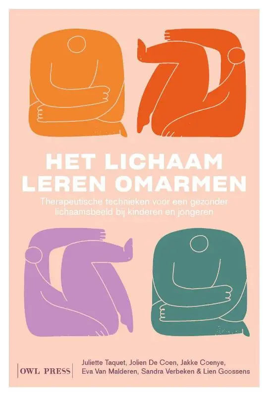 De cover van het boek het lichaam leren omarmen toont therapeutische technieken met oranje, paars en teal illustraties voor een gezonder lichaamsbeeld