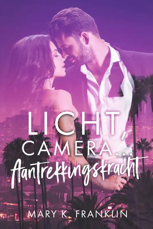 Boek cover licht camera aantrekkingskracht met paar in romantische pose tegen paarse en roze stadsachtergrond