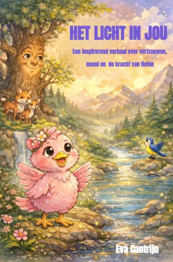 Een roze cartoon kuiken met bloemenkroon staat bij een beek in het boek het licht in jou voor jonge lezers inspirerend verhaal