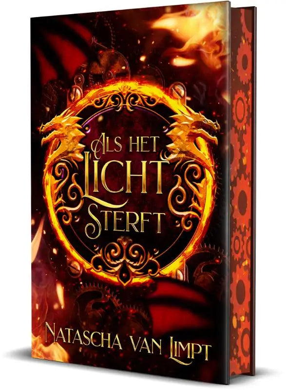 A hardcover book titled als het licht sterft with a fiery red and orange cover featuring golden dragons