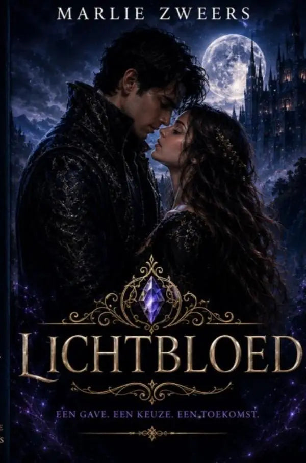 Donker en sierlijk fantasy vampierroman cover met een intiem koppel onder volle maan lichtbloed door marlie zweers