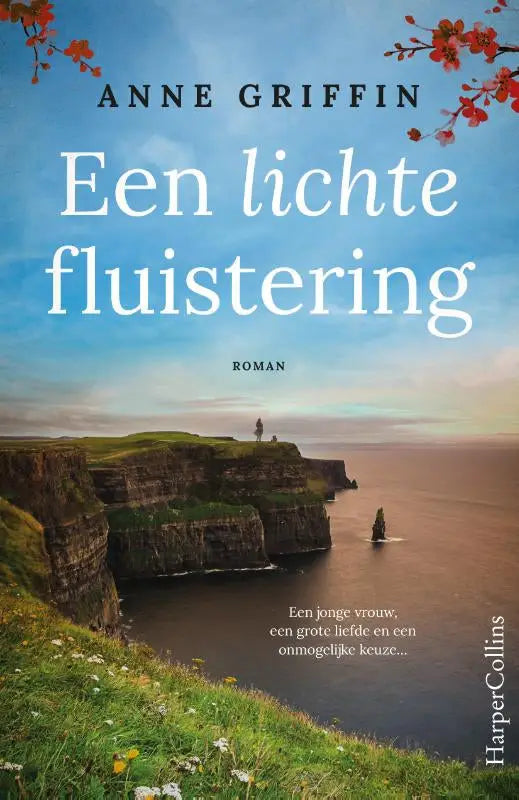 De boekcover van lichte fluistering toont een serene kustlandschap met groene kliffen en bloeiende kersenbloesems