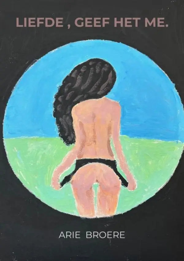 Stylized illustratie van een vrouw met lang zwart haar in zwarte bikini broekjes tegen blauwe lucht en groen veld arie broere