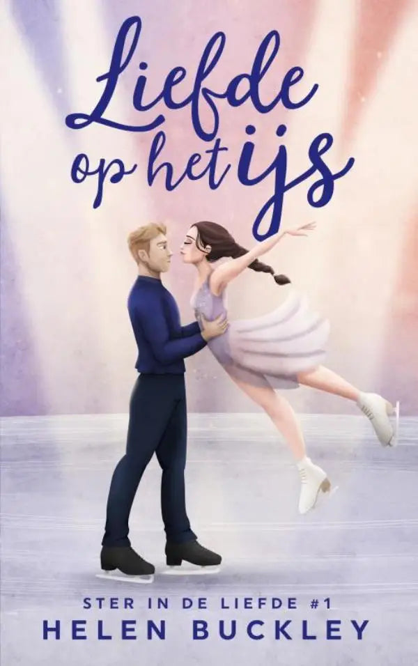 Romantische geïllustreerde boekenlegger liefde op het ijs met koppel schaatsend, vrouw in lavendel jurk, man in marineblauw