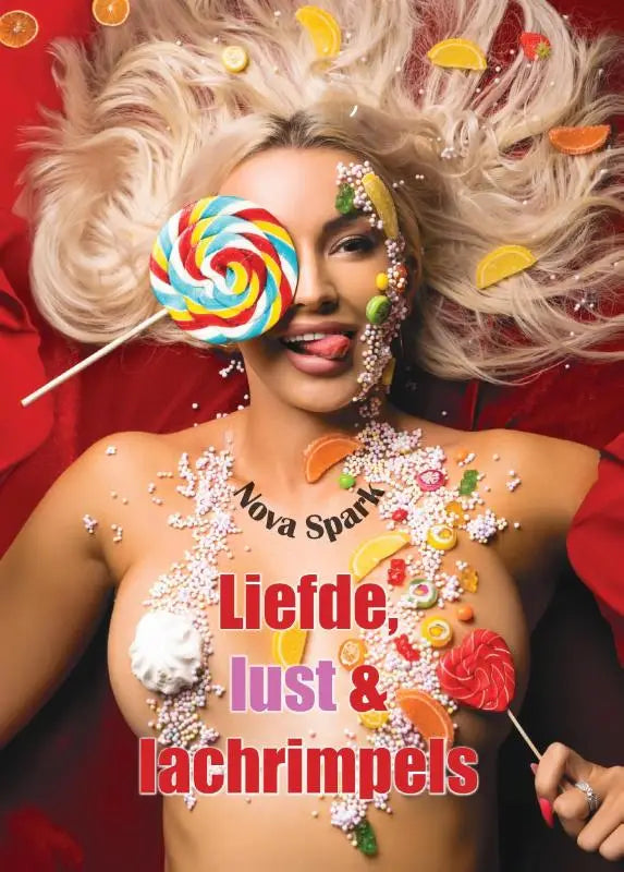 A vibrant candy-themed magazine cover of liefde, lust & lachrimpels featuring a woman with colorful lollipops