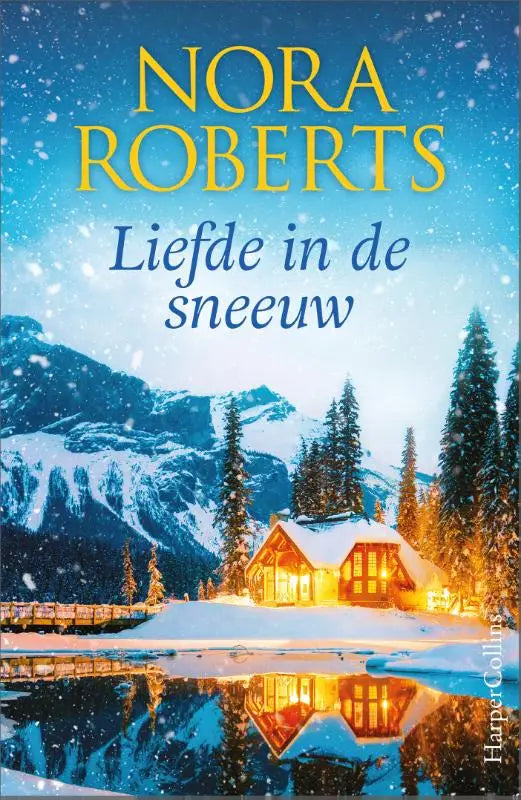 Een gezellige houten hut in de sneeuw met warme verlichting bij een meer omringd door dennenbomen liefde in de sneeuw