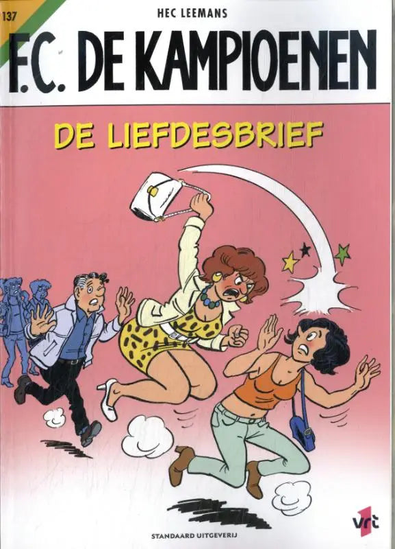 Een witte handtas met gouden sluiting gedragen door een cartoonvrouw in de lucht uit de hec leemans strip de liefdesbrief