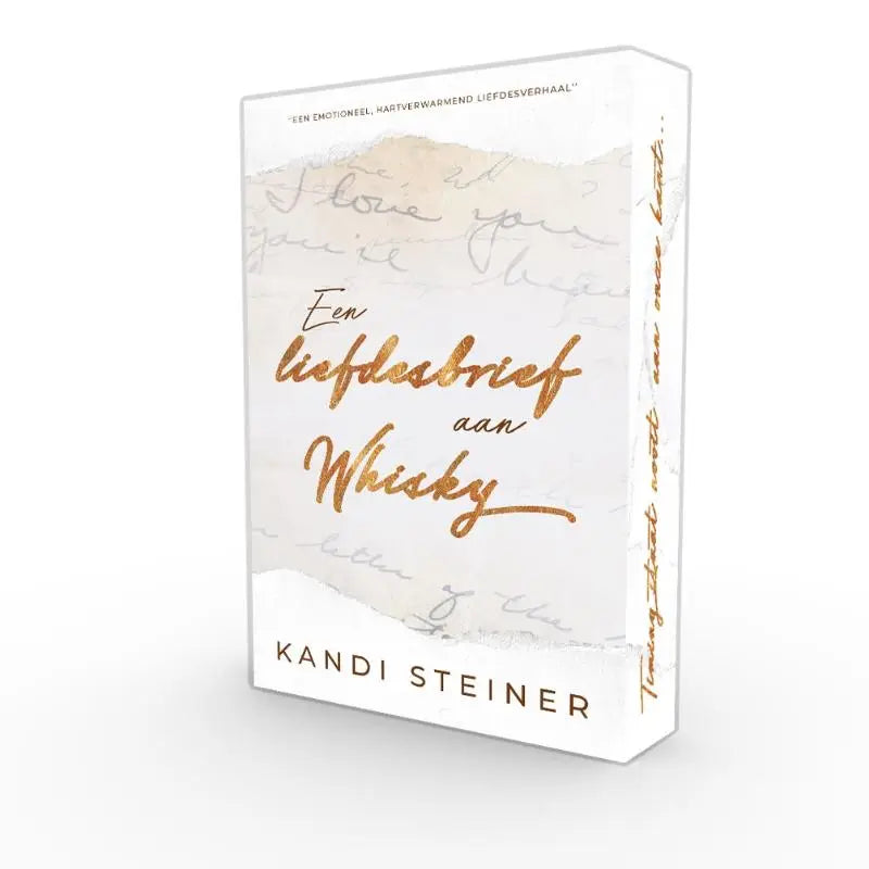 Een wit boekdoos met gouden folielettering en een gescheurd papierdesign met handgeschreven tekst voor kandi steiner’s een liefdesbrief aan whisky