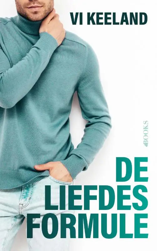 Een man draagt een teal coltrui bij het product de liefdesformule