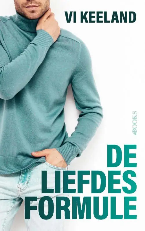 Een man draagt een turquoise coltrui bij het love books product de liefdesformule