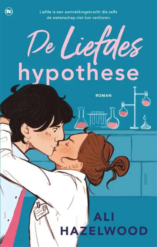 Trade paperback van de liefdeshypothese met blauwe cover en cartoon van twee labcoats die kussen door ali hazelwood