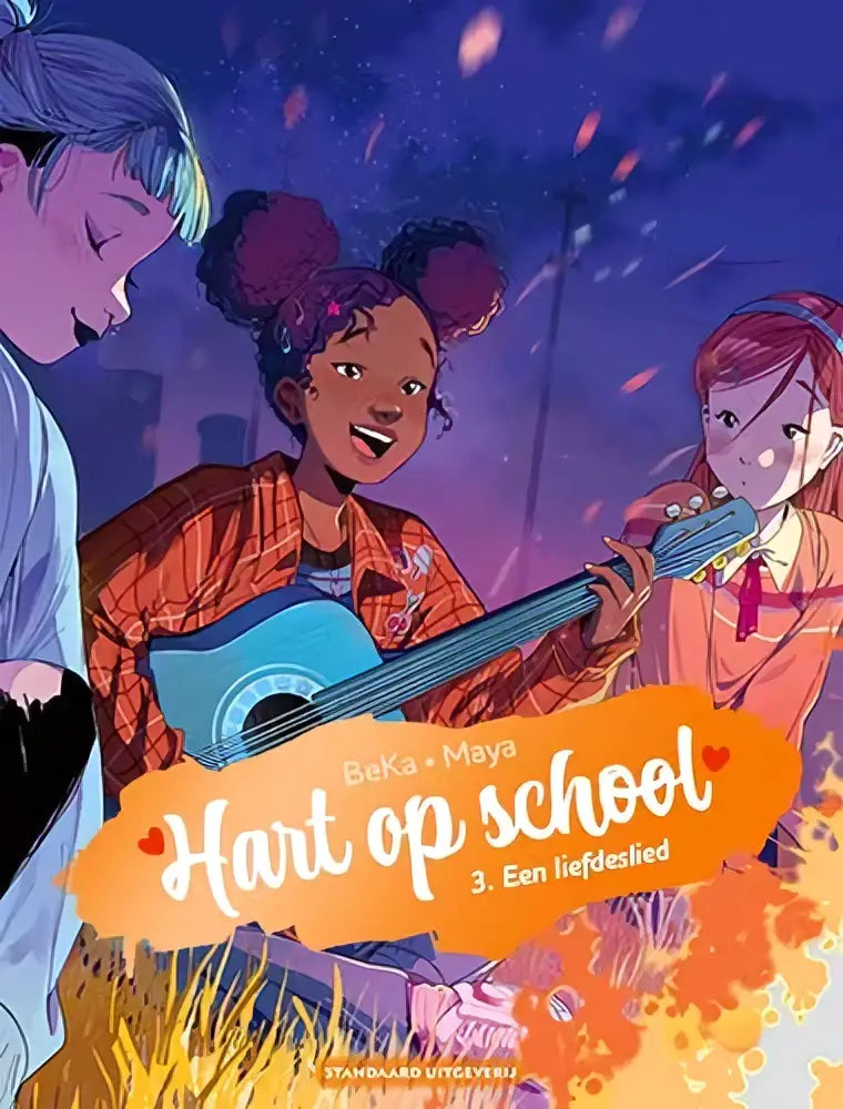 De cover van het geïllustreerde kinderboek hart op school van beka en maya met een paarsharig personage en gitaar tegen nachtelijke hemel voor strips algemeen